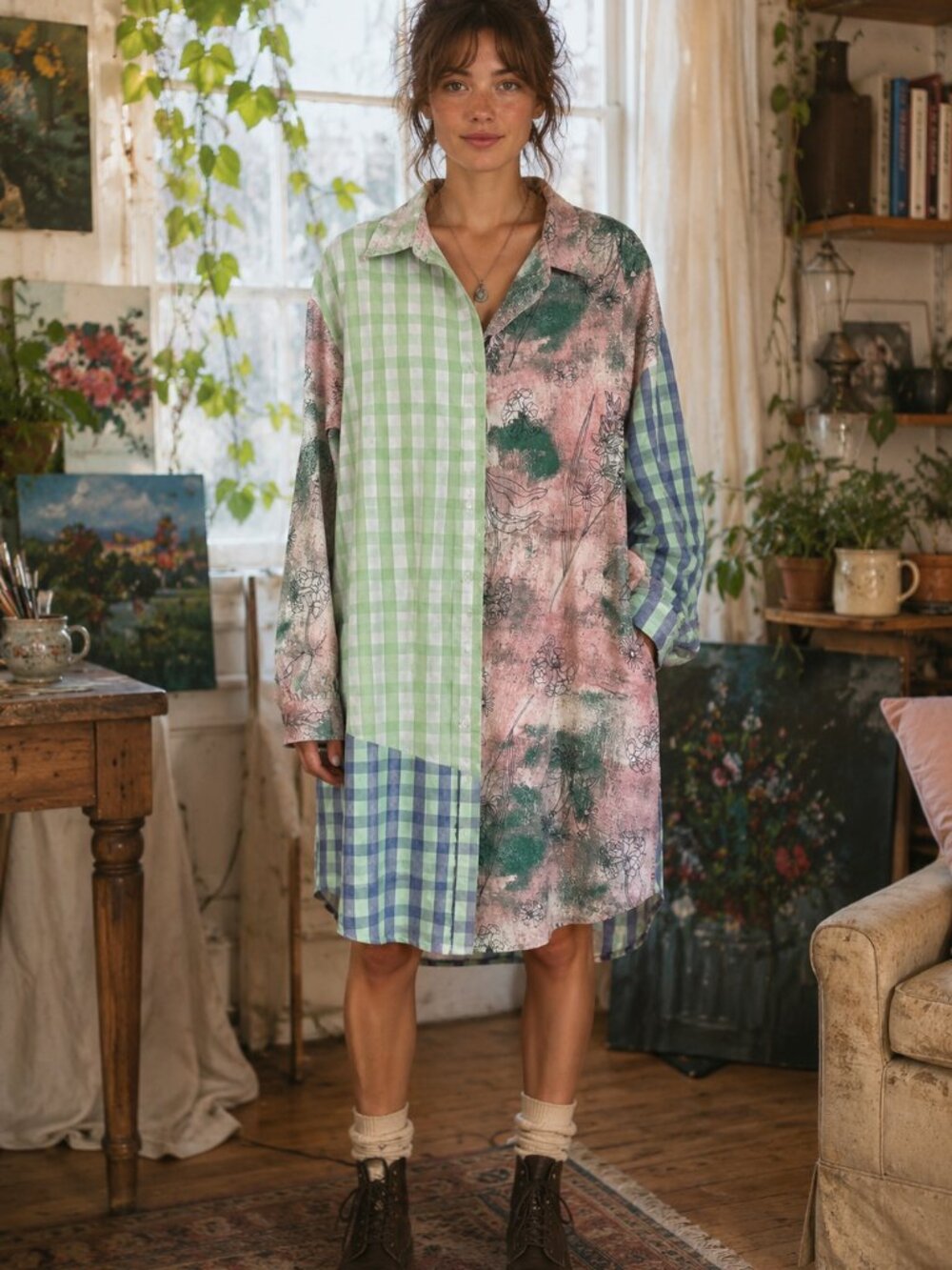 qmp Mixed Print Shirt Dress Oversized Patchwork Button Front Tunic Size 38
